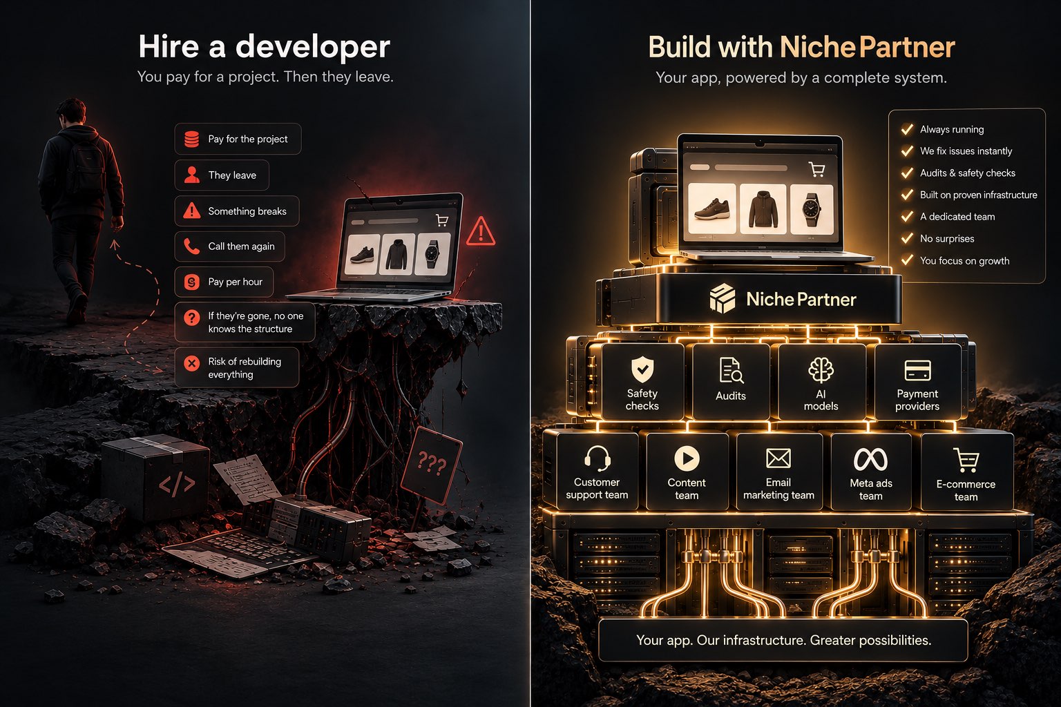 Two panels side by side. On the left, a developer walks away from a laptop breaking on a crumbling ledge, over a list: pay for the project, they leave, something breaks, call them again, pay per hour. On the right, the same shop front stands lit on a stack of labelled blocks — safety checks, audits, AI models, payment providers, and the support, content, email, ads and e-commerce teams beneath them.