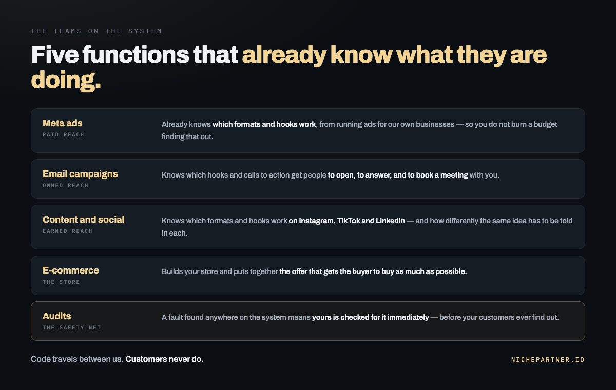 The five teams on the system. Meta ads knows which formats and hooks work. Email knows what gets opened, answered and booked. Content knows what works on Instagram, TikTok and LinkedIn. E-commerce builds the store and the offer. Audits checks every product on the system when a fault is found anywhere on it.