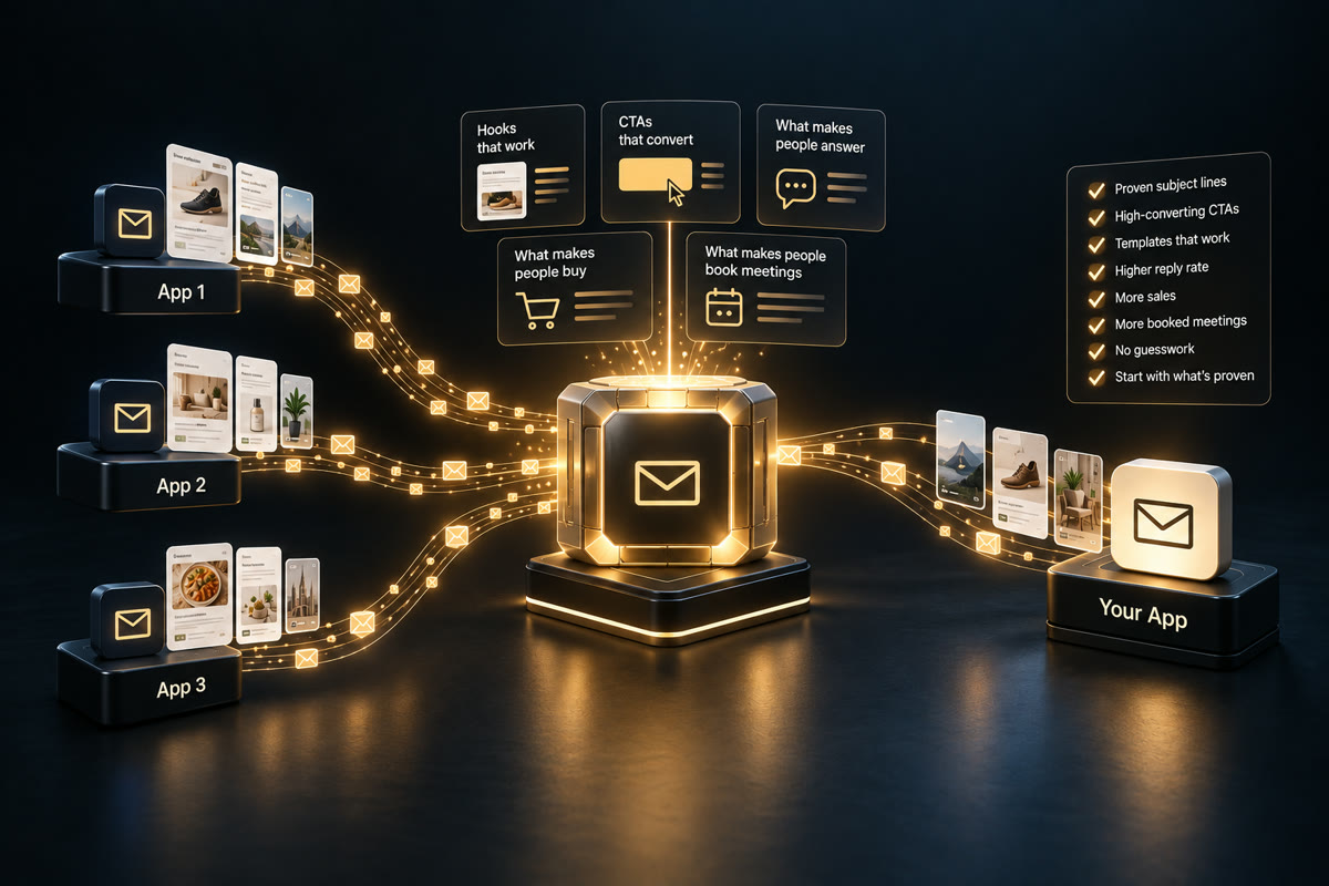 Three app platforms on the left send streams of small envelopes along lit threads into a single glowing envelope core. Panels above it read hooks that work, CTAs that convert, what makes people answer, what makes people buy, what makes people book meetings. From the core a second stream runs out to a platform on the right labelled Your App.